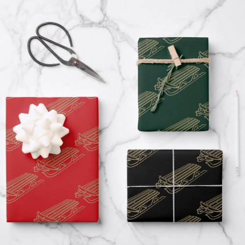 Christmas red dark green black gold Santas sleigh Wrapping Paper Sheets