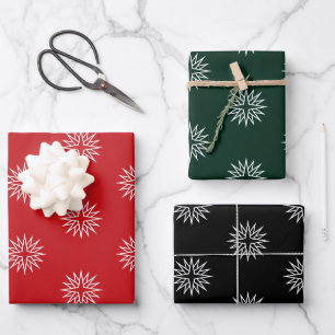 Christmas red dark green black stars snowflakes wrapping paper sheets