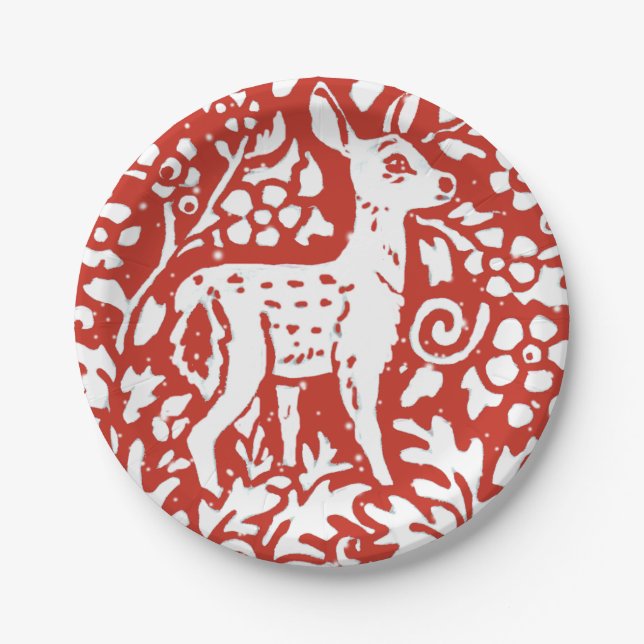 Christmas Red Deer Woodland Forest Snow  Paper Plates (Front)
