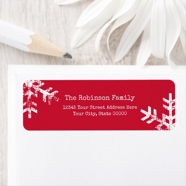 Christmas Red Distressed White Snowflake Holiday Label (Insitu)