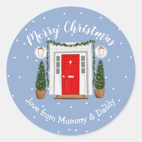 christmas red door santa child gift wrapping classic round sticker