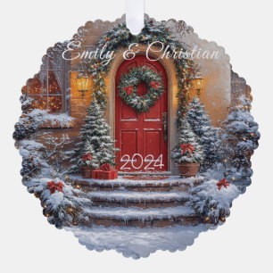 Christmas Red Door Wreath Lights Ornament Card