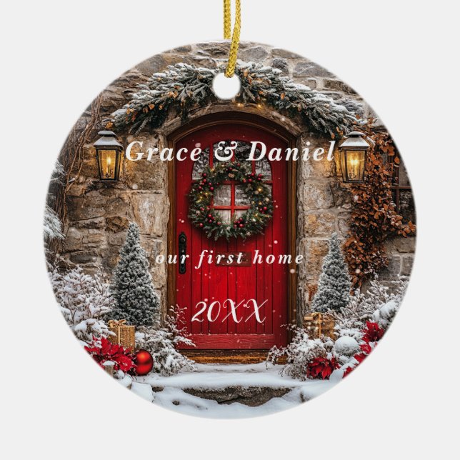 Christmas Red Door Wreath "Our First Home" Ceramic Ornament (Front)