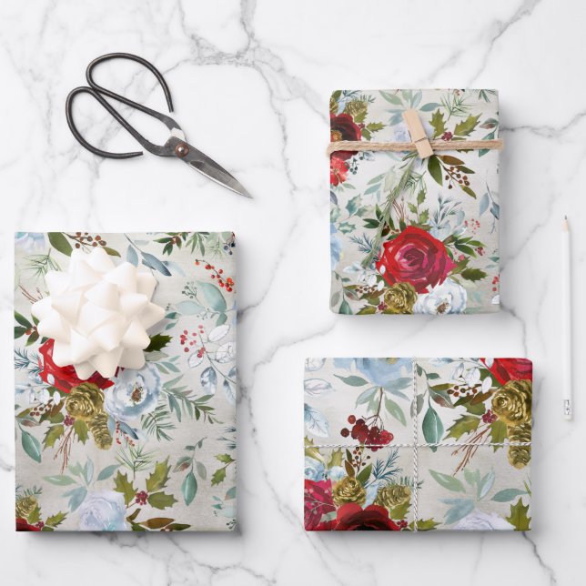 Christmas Red & Dusty Blue Roses & Holly Wrapping Paper Sheets (Front)