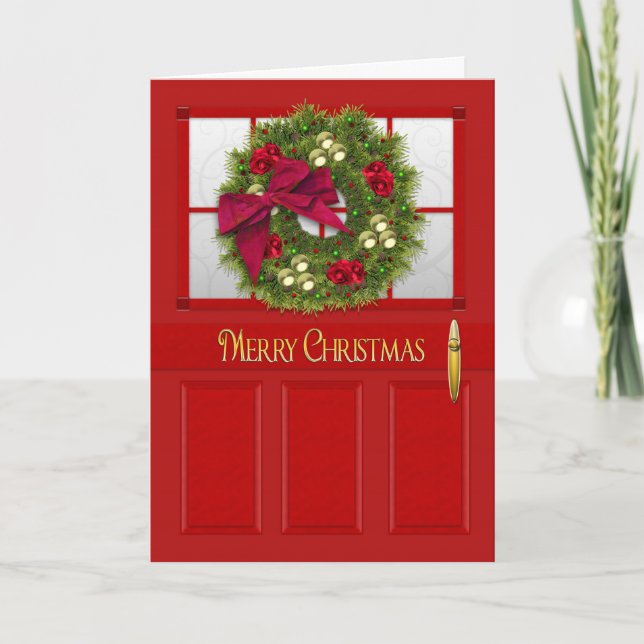 Christmas - Red Entry Door with Decorated Wreath Holiday Card (Front)