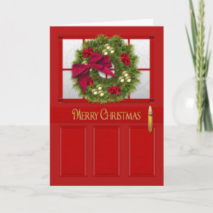 Christmas - Red Entry Door with Decorated Wreath Holiday Card