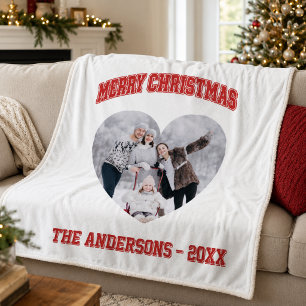 Christmas red family photo heart name fleece blanket