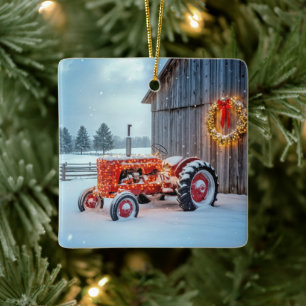 Christmas Red Farm Tractor In Snow Ceramic Ornament