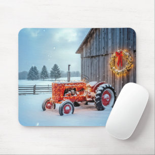 Christmas Red Farm Tractor In Snow Mouse Pad