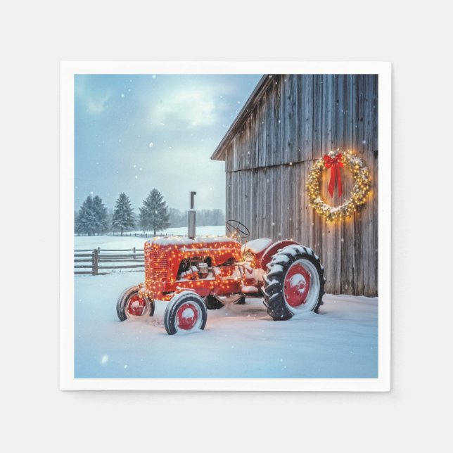 Christmas Red Farm Tractor In Snow Napkins (Front)