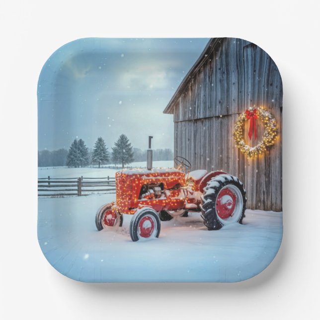 Christmas Red Farm Tractor In Snow Paper Plates (Front)