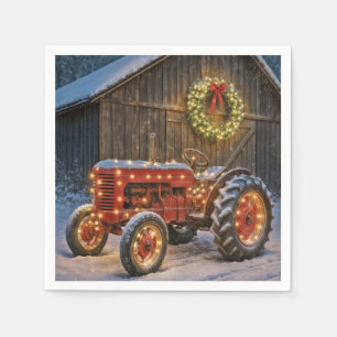 Christmas Red Farm Tractor With Glowing Wreath Napkins