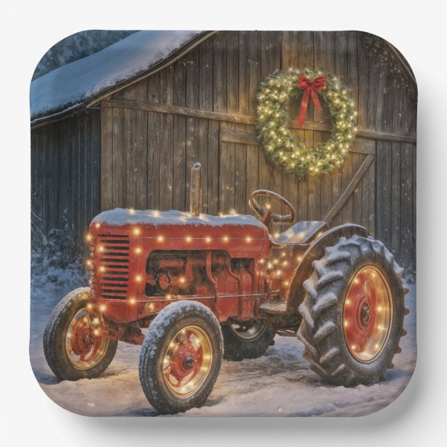 Christmas Red Farm Tractor With Glowing Wreath Paper Plates (Front)