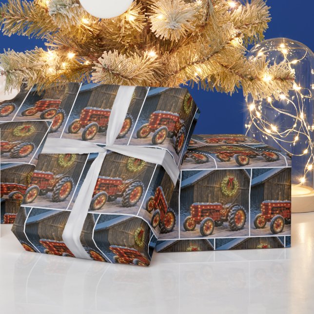 Christmas Red Farm Tractor With Glowing Wreath Wrapping Paper (Holidays)