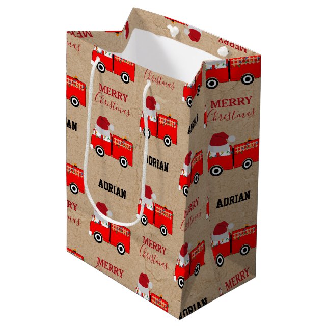 Christmas Red Fire Truck Custom Name Kraft Medium Gift Bag (Front Angled)