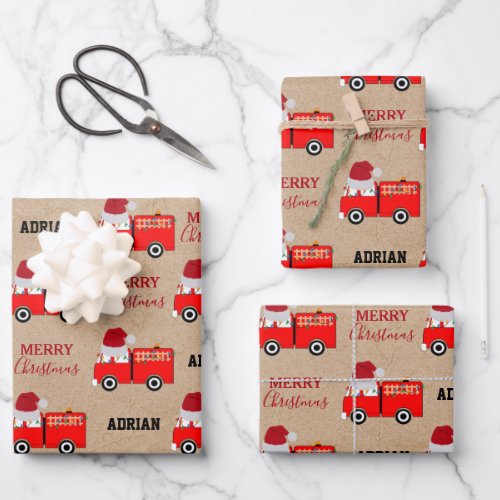 Christmas Red Fire Truck Custom Name Kraft Wrapping Paper Sheets
