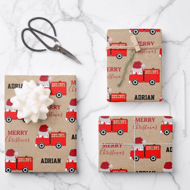 Christmas Red Fire Truck Custom Name Kraft Wrapping Paper Sheets (Front)