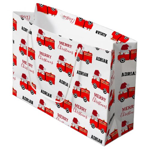 Christmas Red Fire Truck Custom Name Large Gift Bag