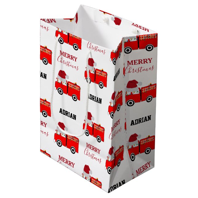 Christmas Red Fire Truck Custom Name Medium Gift Bag (Front Angled)