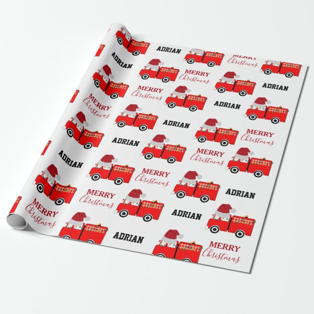 Christmas Red Fire Truck Custom Name Wrapping Paper (Unrolled)