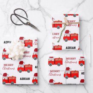 Christmas Red Fire Truck Custom Name Wrapping Paper Sheets