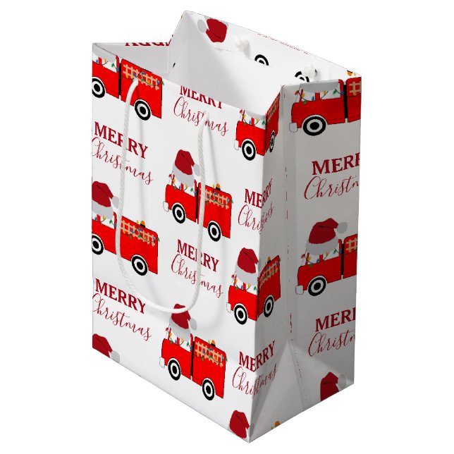 Christmas Red Fire Truck Medium Gift Bag (Front Angled)
