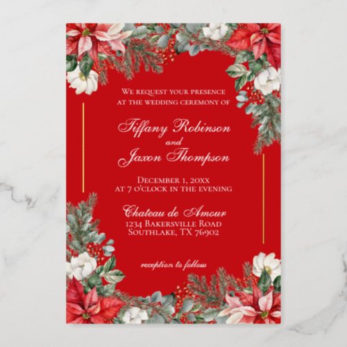 Christmas Red Floral Framed Real Foil Wedding Foil Invitation