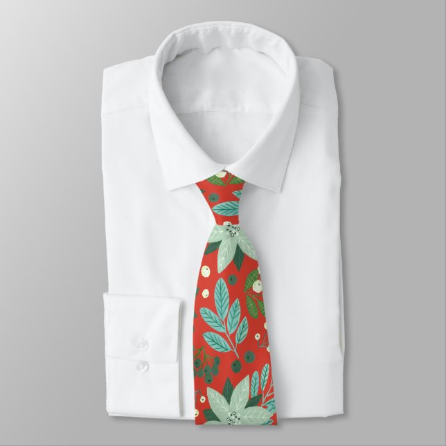 Christmas Red Floral Holiday Neck Tie (Tied)