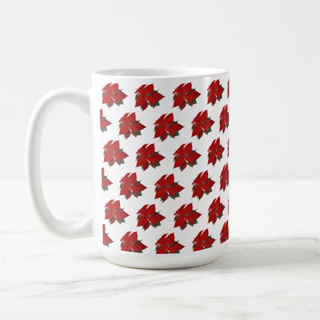 Christmas Red Floral Pattern Red on White Coffee Mug (Left)
