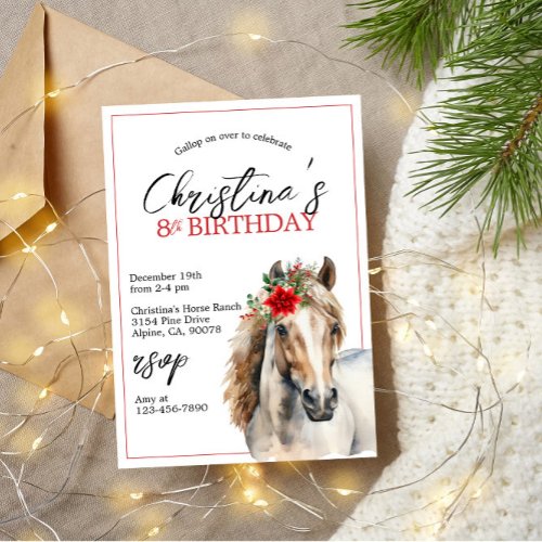 Christmas red floral poinsettia horse birthday invitation