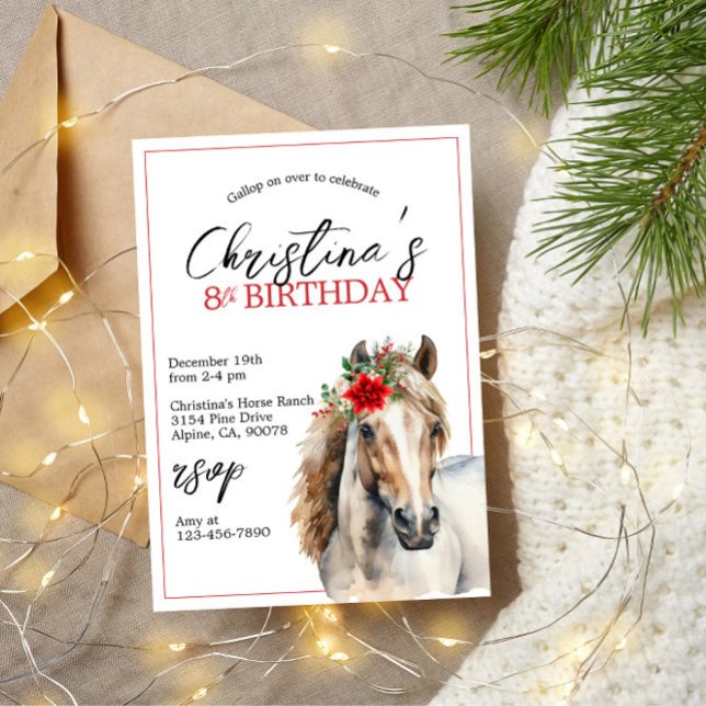 Christmas red floral poinsettia horse birthday invitation (Creator Uploaded)