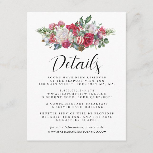 Christmas Red Floral Wedding Guest Details Enclosure Card (Front)