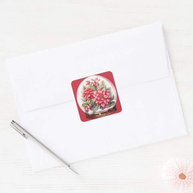 Christmas Red Flowers In A Snowglobe Square Sticker (Envelope)