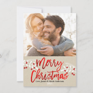 Christmas Red Foil Modern Script Branch Photo Holiday Card