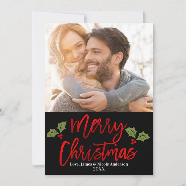 Christmas Red Foil Modern Script Holiday Photo Card (Front)