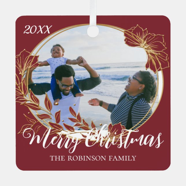 Christmas Red Foliage Framed Custom Family Photo  Metal Ornament (Front)