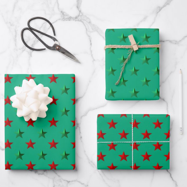 Christmas Red Forest Green Stars Holiday Wrapping Paper Sheets (Front)