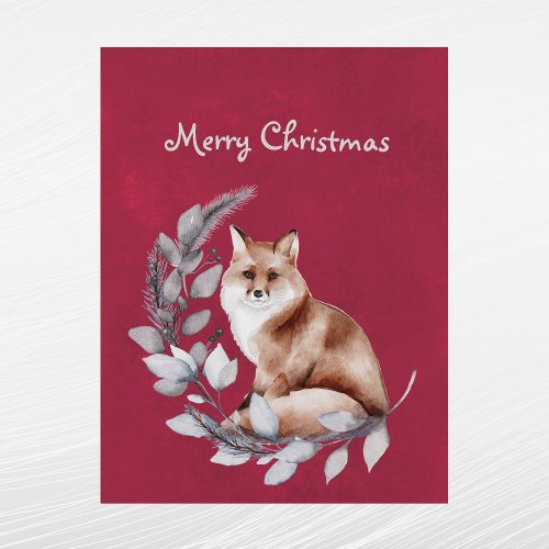 Christmas Red Fox Leaves Watercolor Holiday Postcard