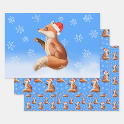 Christmas Red Fox with Santa hat and Snowflakes Wrapping Paper Sheets