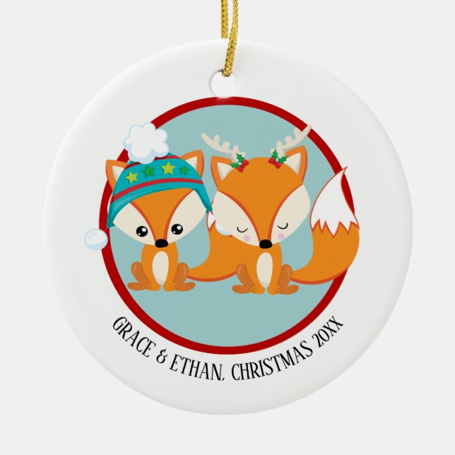 Christmas Red Foxes Personalized Ceramic Ornament (Front)