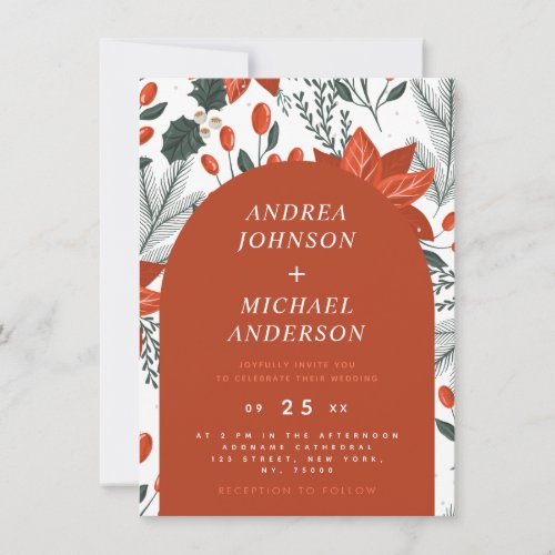 Christmas Red Fruit Berry  Flower Arched Festive  Invitation