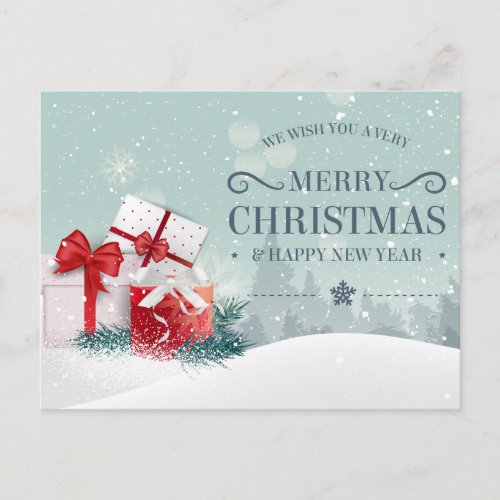 Christmas Red Gift boxes snowing green background Holiday Postcard