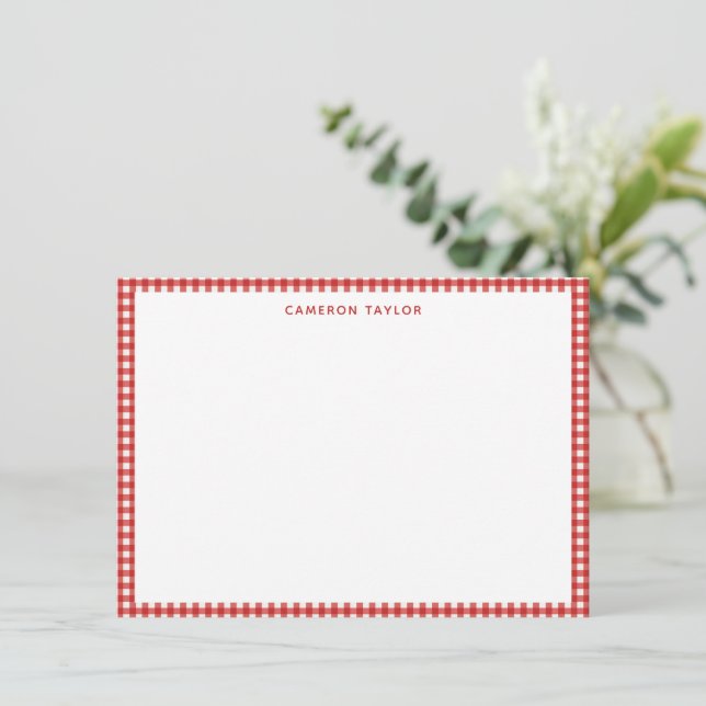 Christmas Red Gingham Check Personalized Name Note Card (Standing Front)