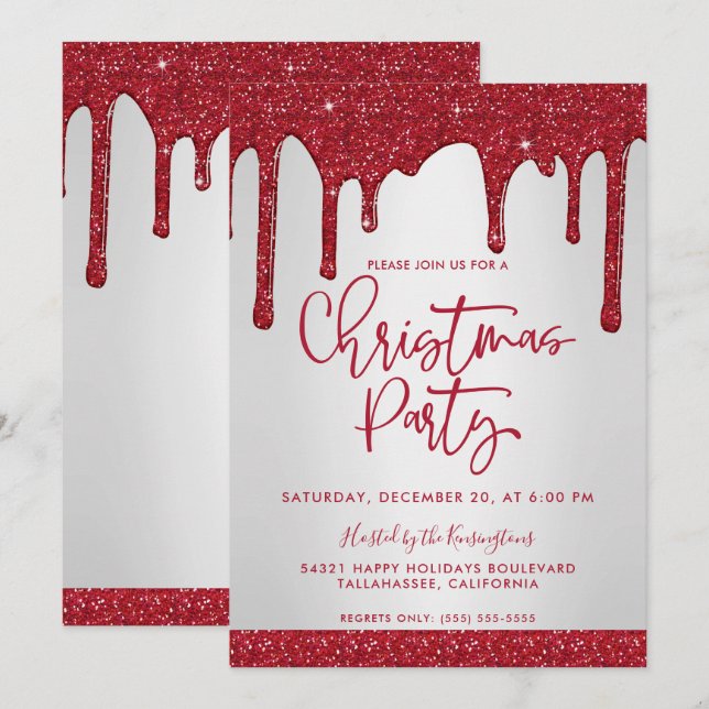 Christmas Red Glitter Drips Christmas Party Invitation (Front/Back)