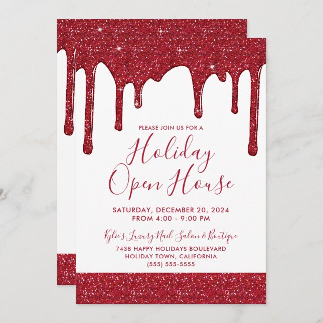 Christmas Red Glitter Drips Holiday Open House Invitation (Front/Back)