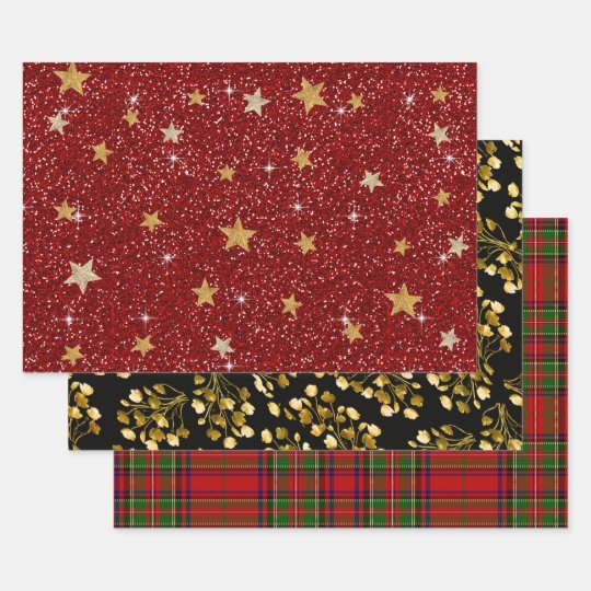 Christmas Red Glitter Gold Foil Tartan Plaid Wrapping Paper Sheets ...