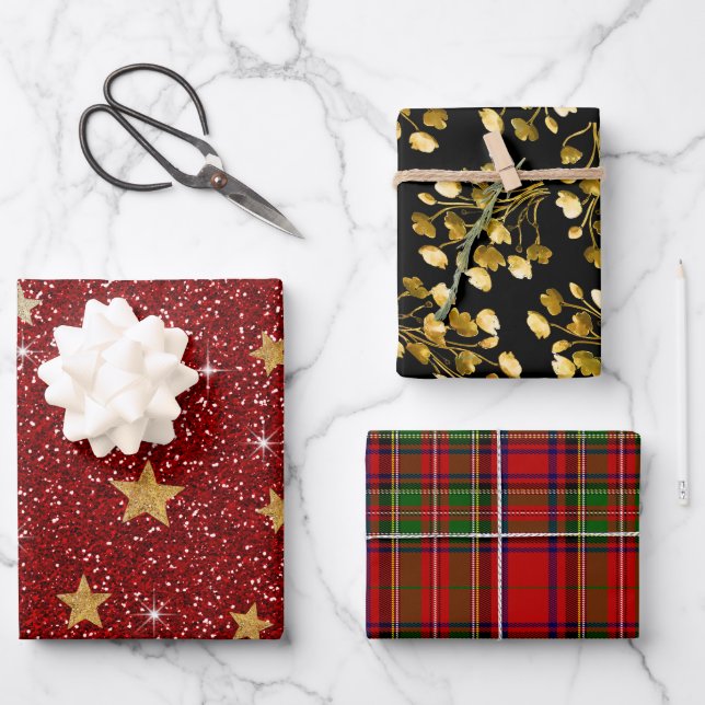 Christmas Red Glitter Gold Foil Tartan Plaid Wrapping Paper Sheets (Front)