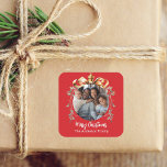 Christmas red gold bauble family photo square sticker<br><div class="desc">Red background. Personalize and add your own photo.  A golden Christmas tree bauble as frame. Add your family name.</div>