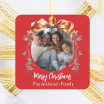 Christmas red gold bauble family photo square sticker<br><div class="desc">Red background. Personalize and add your own photo.  A golden Christmas tree bauble as frame. Add your family name.</div>