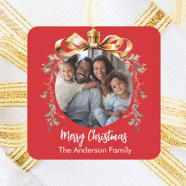 Christmas red gold bauble family photo square sticker